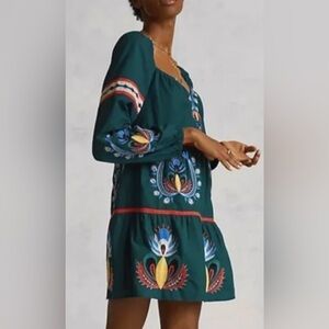Anthropologie Green Embroidered Long Sleeve Dress